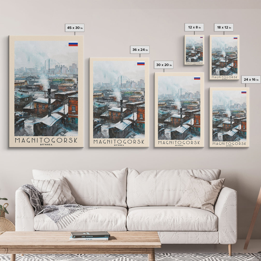 Magnitogorsk Russia Travel Poster Framed Canvas Print, Industrial Cityscape, Watercolor Painting, Wall Art, Home Decor, Travel Print, Original Piece