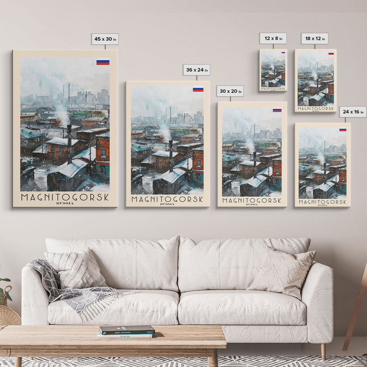 Magnitogorsk Russia Travel Poster Framed Canvas Print, Industrial Cityscape, Watercolor Painting, Wall Art, Home Decor, Travel Print, Original Piece