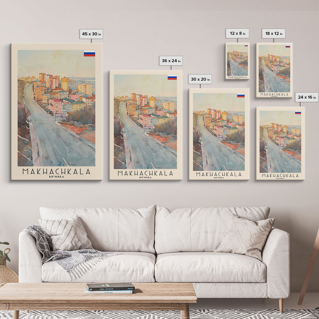Makhachkala Russia Travel Poster Framed Canvas Print, Coastal Cityscape, Watercolor Art, Wall Hanging, Home Decor, Travel Print, Artistic Gift
