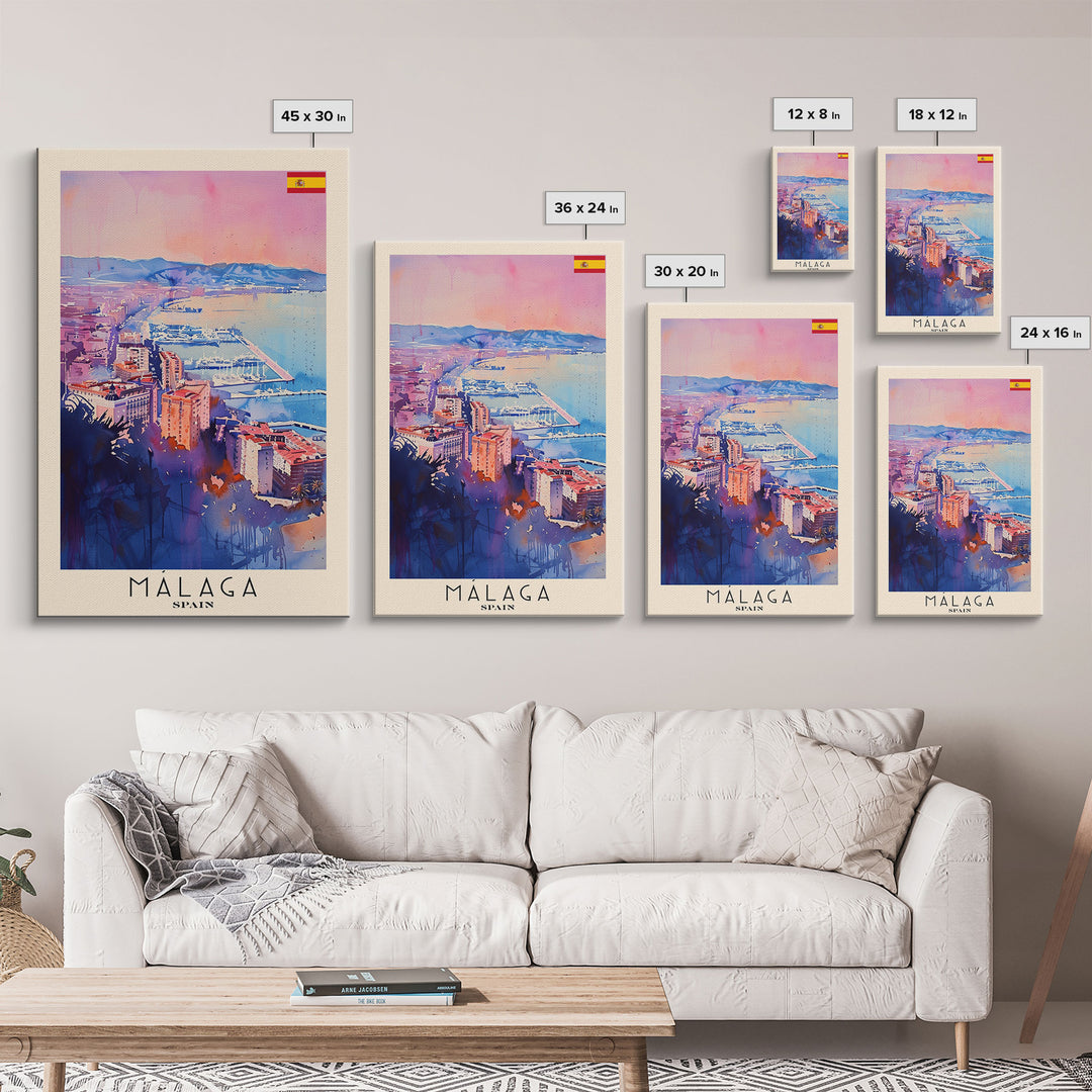 Malaga Spain Travel Poster Framed Canvas Print, Vibrant Coastline, Watercolor Art, Wall Decoration, Interior Decor, Travel Print, Unique Artwork