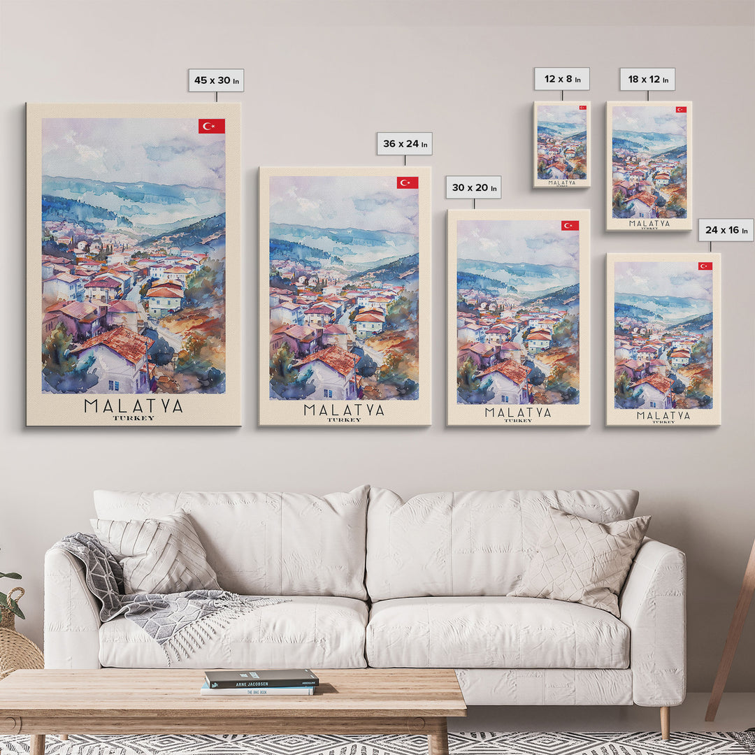 Malatya Turkey Travel Poster Framed Canvas Print, Historic Landscape, Watercolor Art, Wall Art, Home Decoration, Travel Print, Artistic Gift