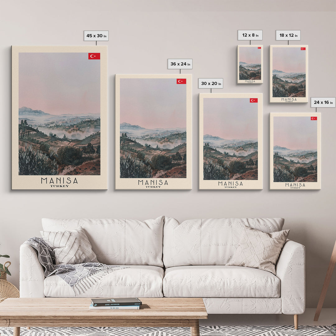 Manisa Turkey Travel Poster Framed Canvas Print, Scenic Landscape, Watercolor Art, Wall Decoration, Home Design, Travel Print, Unique Art
