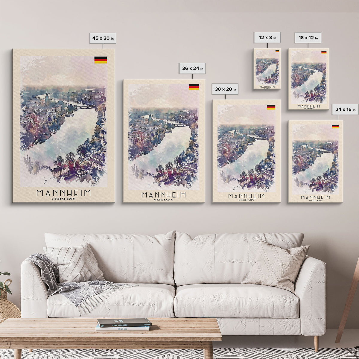 Mannheim Germany Travel Poster Framed Canvas Print, Historic Architecture, Watercolor Art, Wall Hanging, Interior Decor, Travel Print, Original Painting