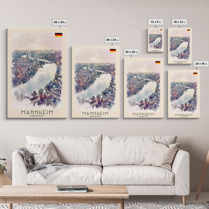 Mannheim Germany Travel Poster Framed Canvas Print, Historic Architecture, Watercolor Art, Wall Hanging, Interior Decor, Travel Print, Original Painting