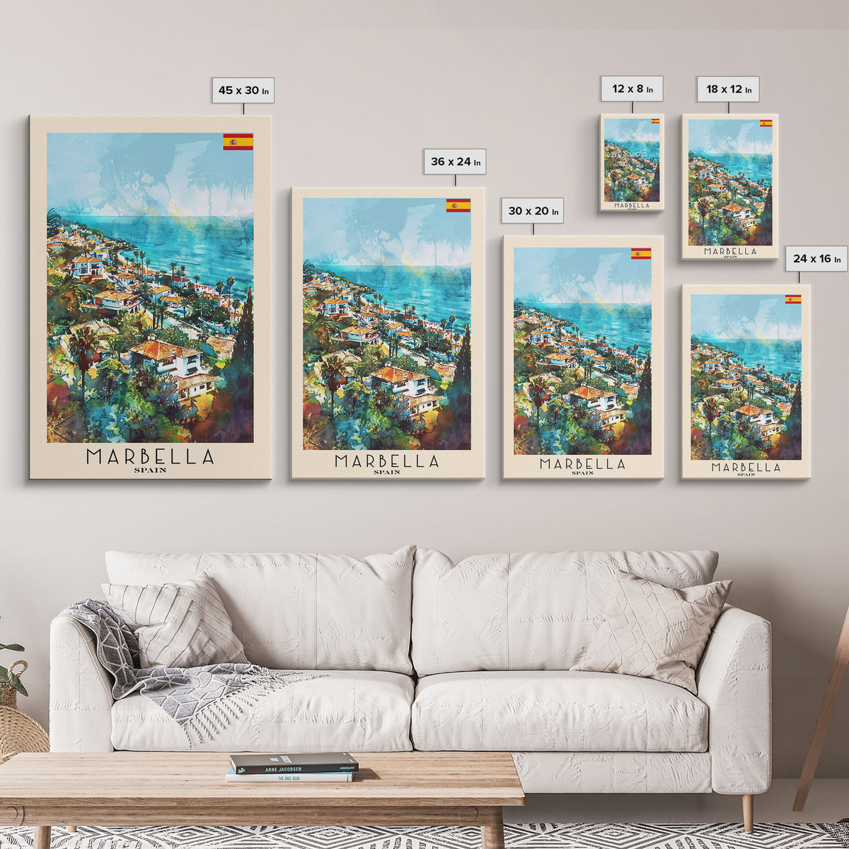 Marbella Spain Travel Poster Framed Canvas Print, Coastal Cityscape, Watercolor Painting, Wall Decor, Home Decoration, Travel Print, Artistic Piece