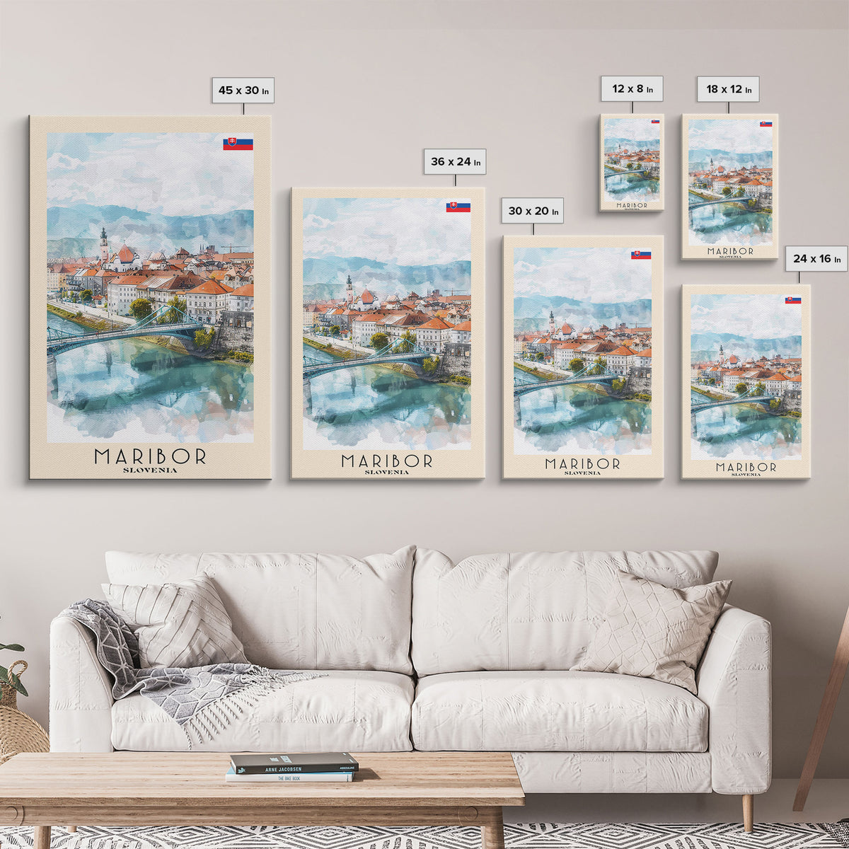 Maribor Slovenia Travel Poster Framed Canvas Print, Urban Landscape, Watercolor Art, Wall Hanging, Home Decor, Travel Print, Original Art