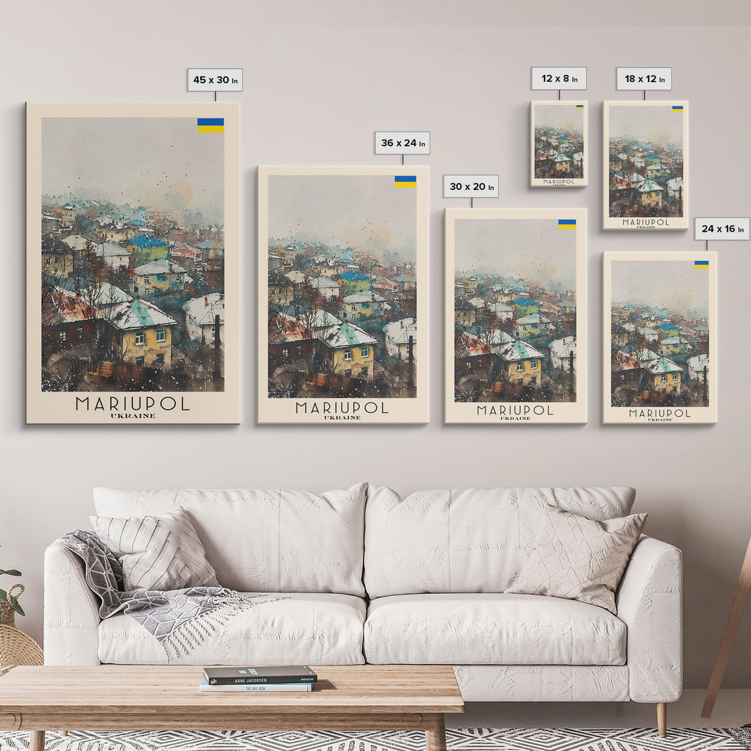 Mariupol Ukraine Travel Poster Framed Canvas Print, Scenic Cityscape, Watercolor Painting, Wall Decor, Interior Design, Travel Print, Unique Artwork