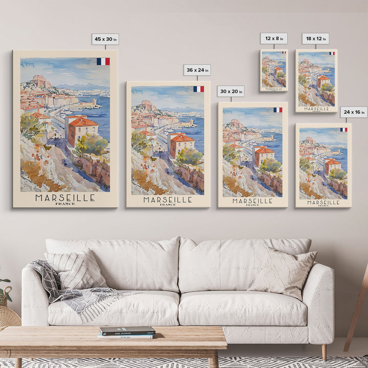 Marseille France Travel Poster Framed Canvas Print, Vibrant Cityscape, Watercolor Art, Wall Hanging, Home Decoration, Travel Print, Artistic Gift