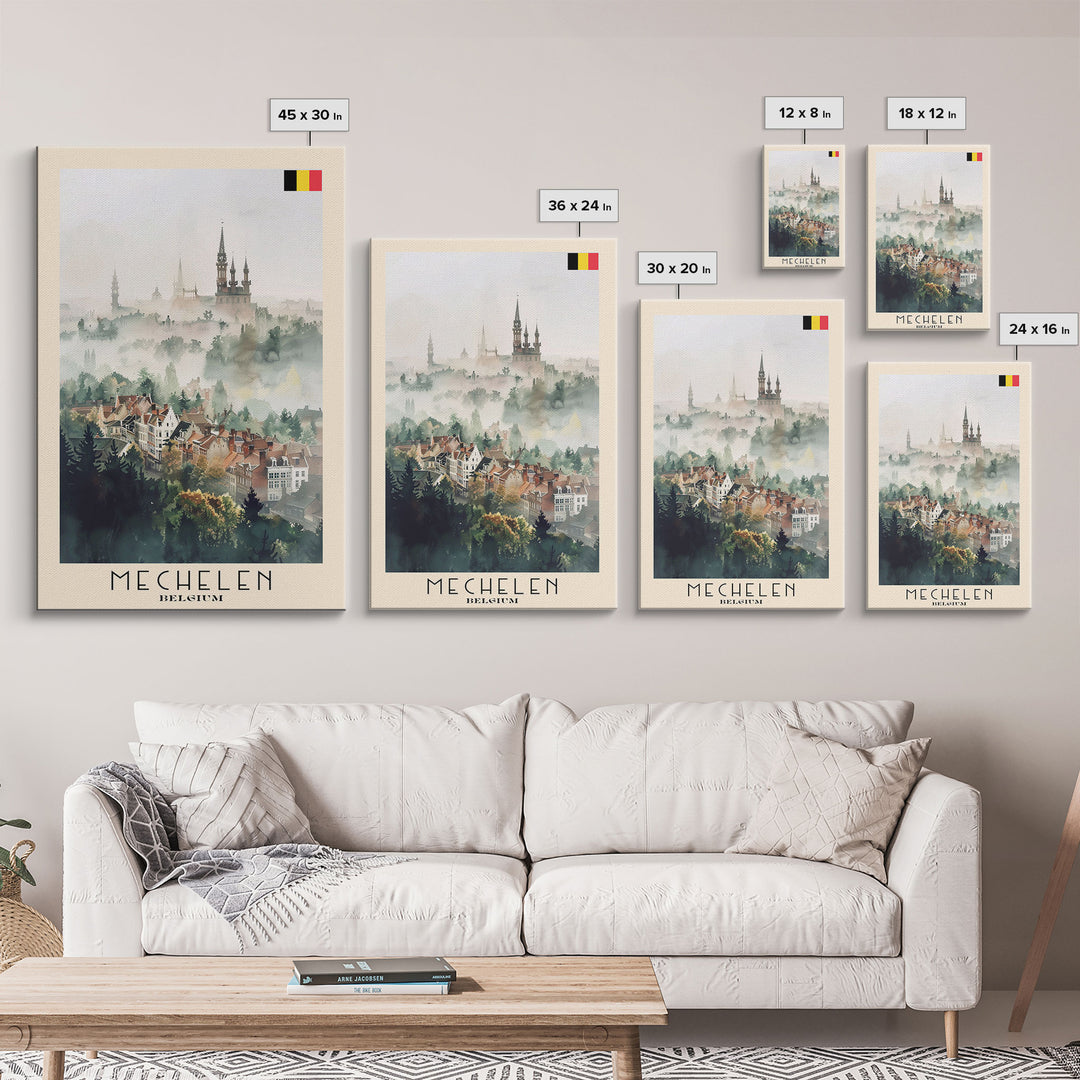 Mechelen Belgium Travel Poster Framed Canvas Print, Historic Architecture, Watercolor Painting, Wall Hanging, Home Decor, Travel Print, Artistic Piece