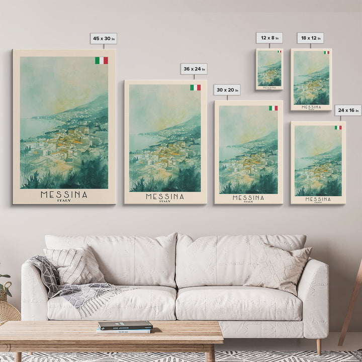 Messina Italy Travel Poster Framed Canvas Print, Urban Coastal Cityscape, Watercolor Art, Wall Decor, Home Decoration, Travel Print, Unique Art