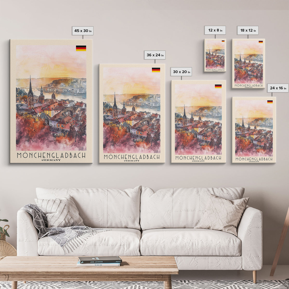 Mönchengladbach Germany Travel Poster Framed Canvas Print, Modern Cityscape, Watercolor Art, Wall Decoration, Interior Decor, Travel Print, Unique Artwork