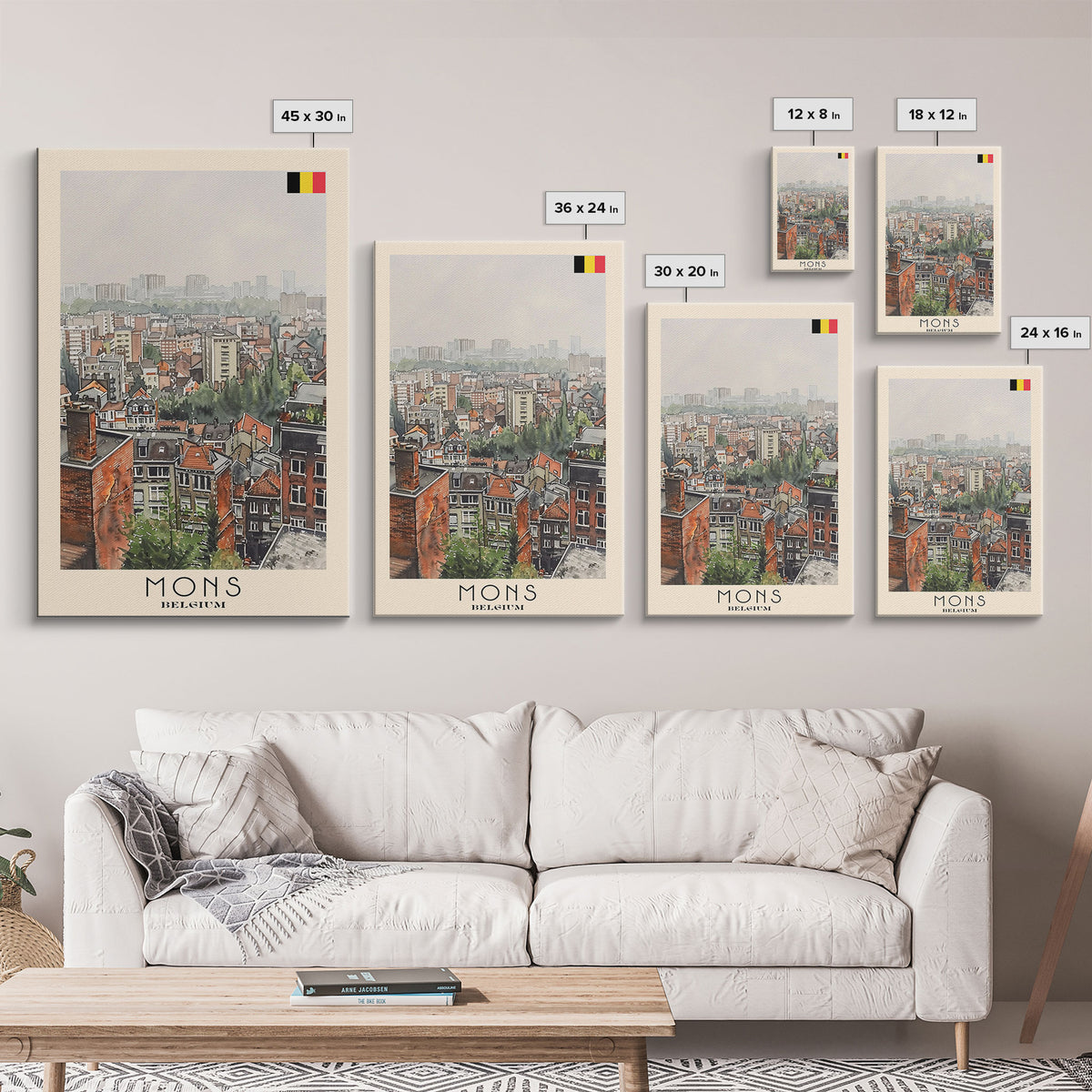 Mons Belgium Travel Poster Framed Canvas Print, Scenic Urban Landscape, Watercolor Painting, Wall Art, Home Decor, Travel Print, Original Painting