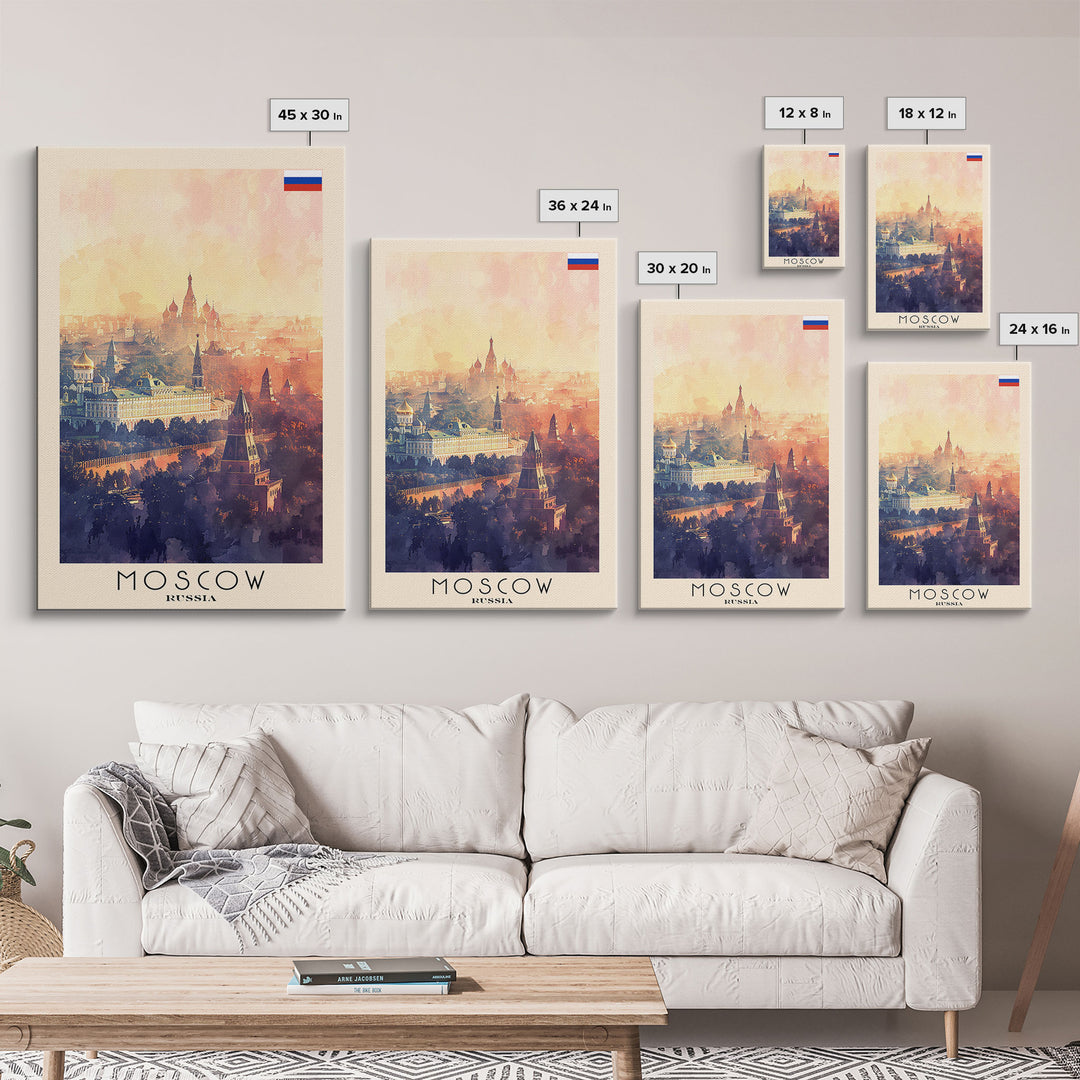 Moscow Russia Travel Poster Framed Canvas Print, Historic Landmarks, Watercolor Painting, Wall Art, Home Decor, Travel Print, Artistic Gift