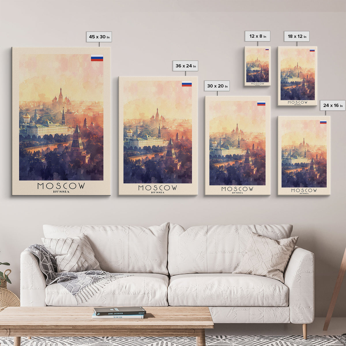 Moscow Russia Travel Poster Framed Canvas Print, Historic Landmarks, Watercolor Painting, Wall Art, Home Decor, Travel Print, Artistic Gift