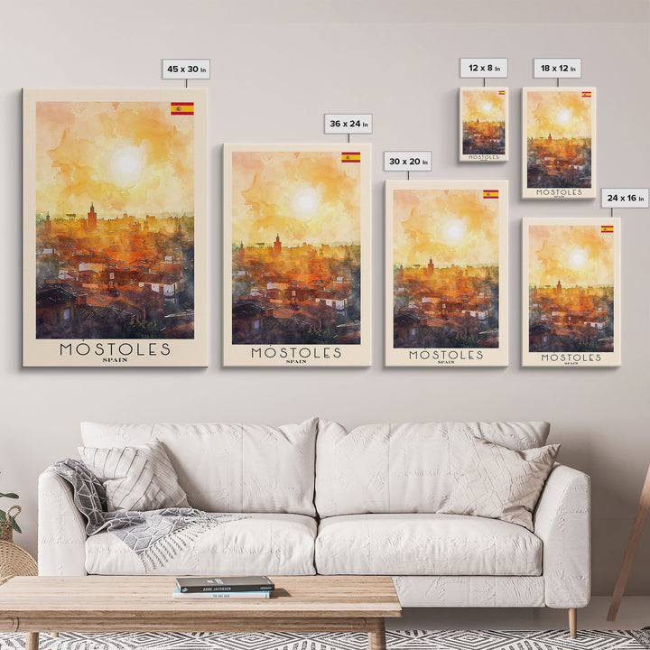 Móstoles Spain Travel Poster Framed Canvas Print, Urban Landscape, Watercolor Art, Wall Decor, Interior Decor, Travel Print, Unique Artwork