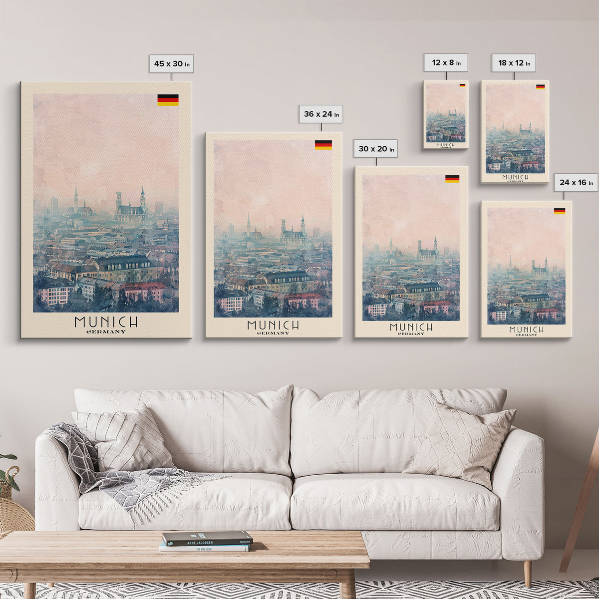 Munich Germany Travel Poster Framed Canvas Print, Iconic Cityscape, Watercolor Art, Wall Decoration, Home Decor, Travel Print, Artistic Piece