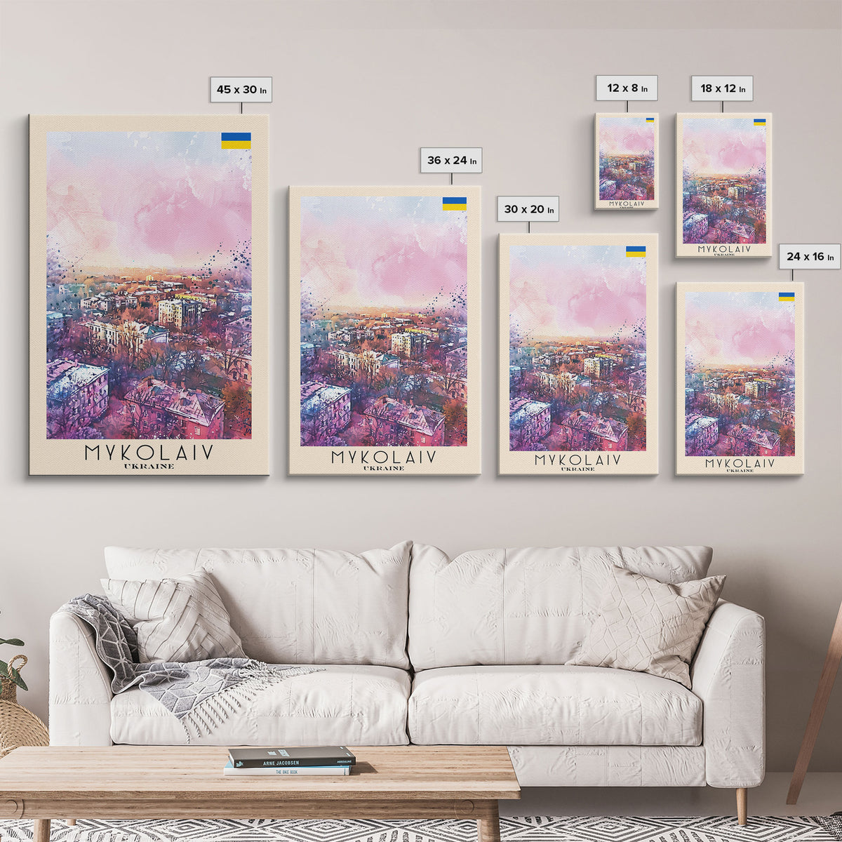 Mykolaiv Ukraine Travel Poster Framed Canvas Print, Urban Landscape, Watercolor Art, Wall Decor, Interior Decoration, Travel Print, Original Artwork