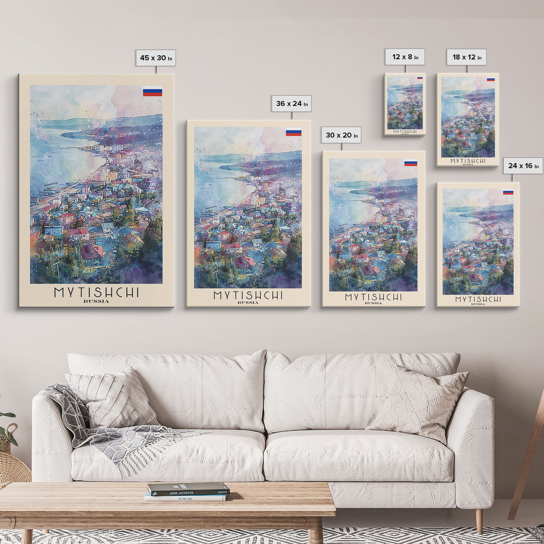 Mytishchi Russia Travel Poster Framed Canvas Print, Vibrant Cityscape, Watercolor Art, Wall Hanging, Home Decor, Travel Print, Unique Piece