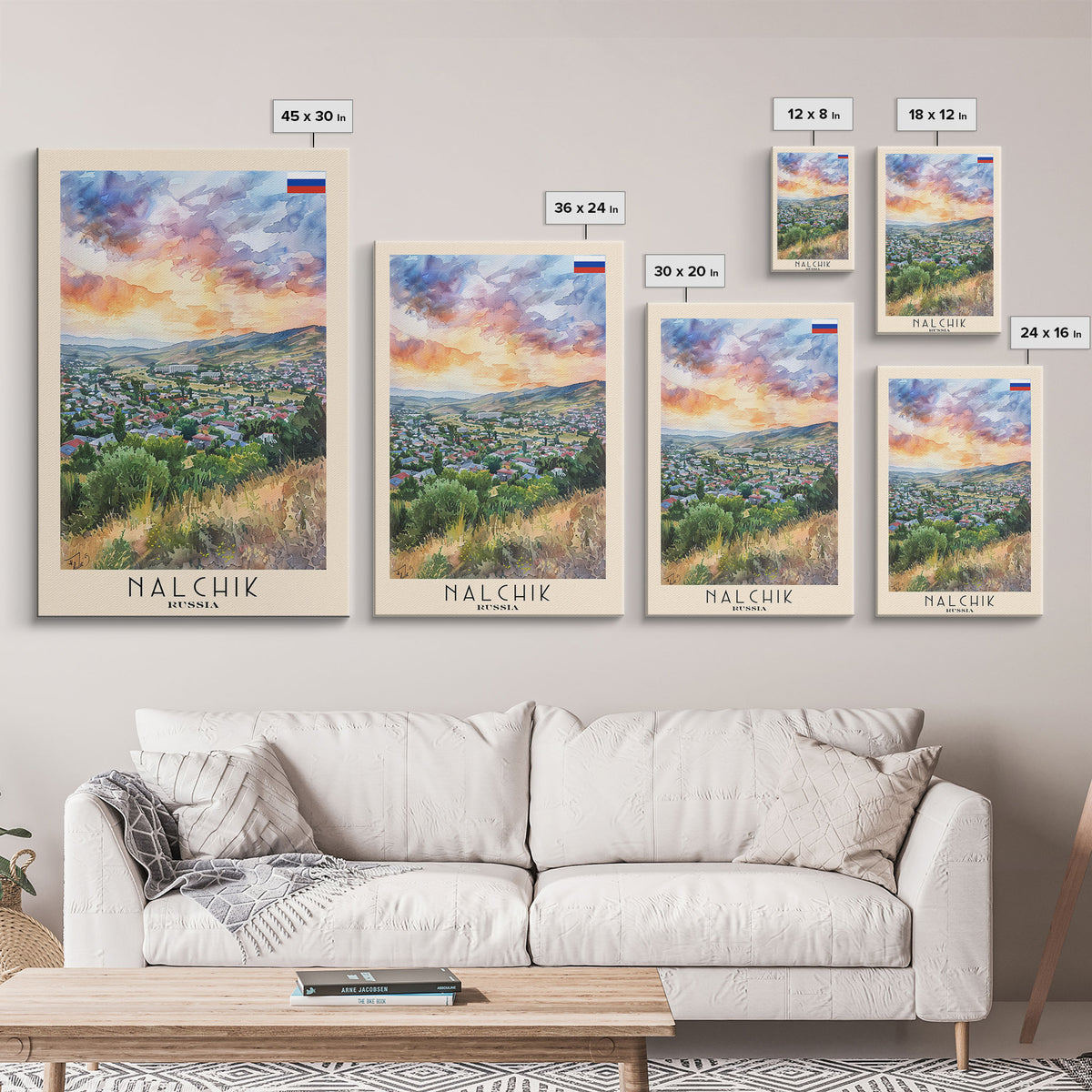 Nalchik Russia Travel Poster Framed Canvas Print, Sunset Watercolor Painting, Scenic Art, Vacation Wall Art, Living Room Decor, Unique Art