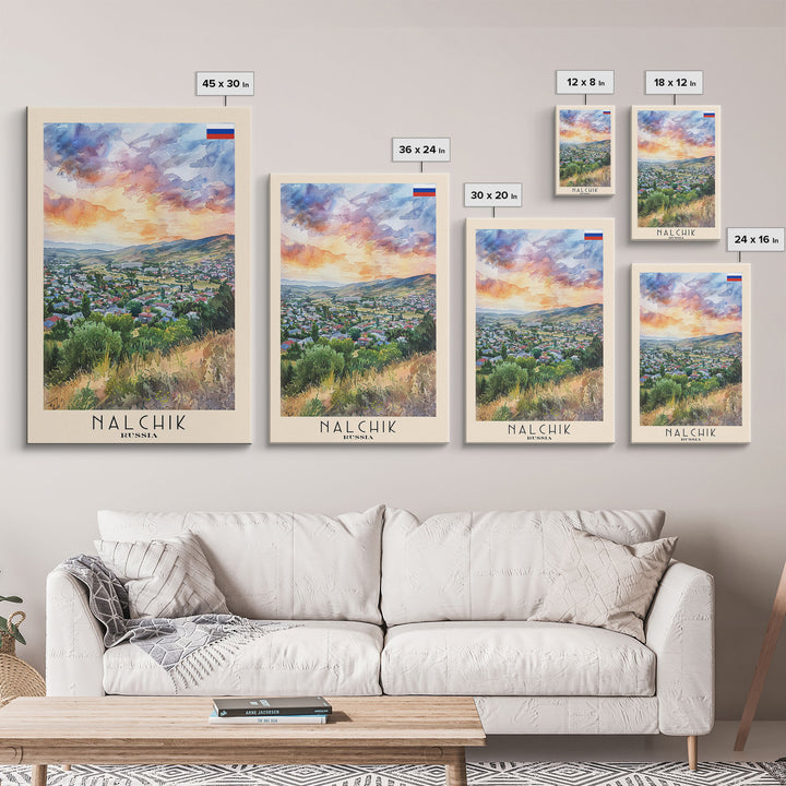 Nalchik Russia Travel Poster Framed Canvas Print, Sunset Watercolor Painting, Scenic Art, Vacation Wall Art, Living Room Decor, Unique Art
