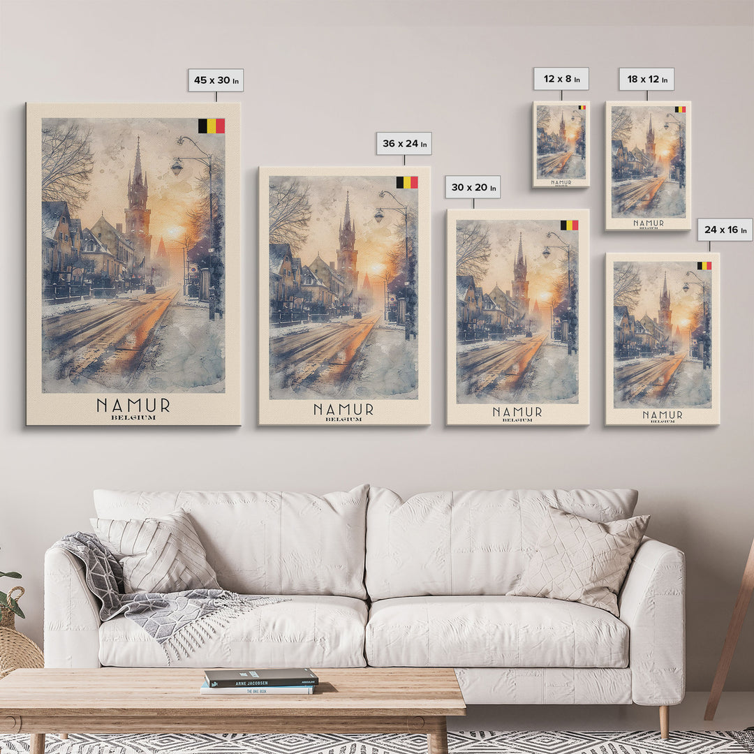 Namur Belgium Framed Canvas Print, Vintage Travel Poster, Architectural Wall Art, Watercolor Painting, Home Decor, Vacation Art, Unique Art