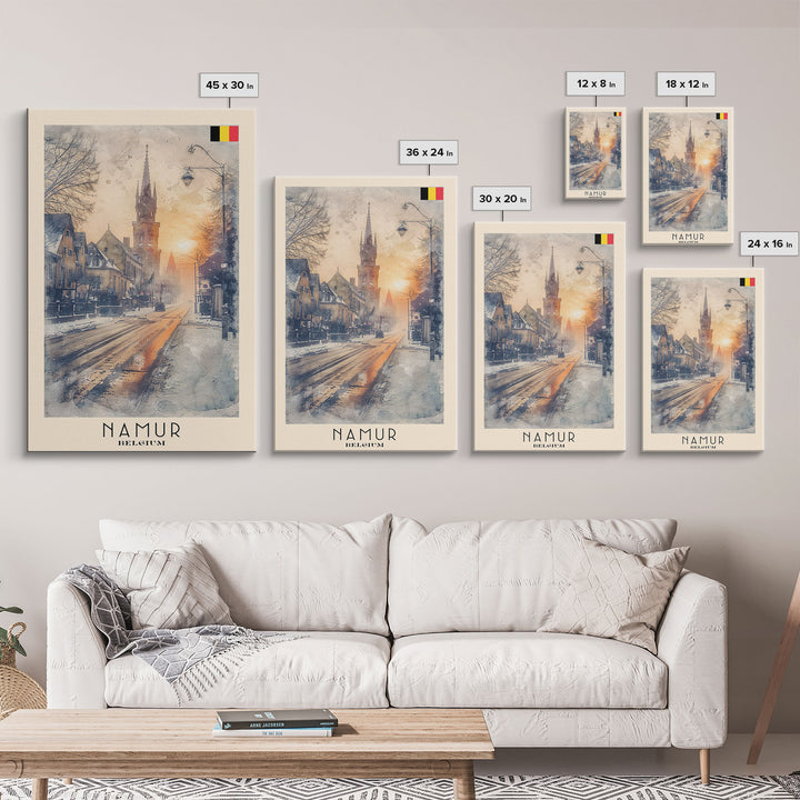 Namur Belgium Framed Canvas Print, Vintage Travel Poster, Architectural Wall Art, Watercolor Painting, Home Decor, Vacation Art, Unique Art