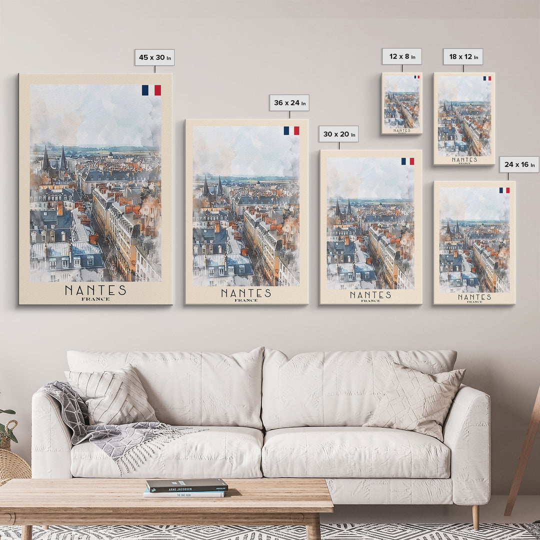 Nantes France Travel Poster Framed Canvas Print, Cityscape Watercolor Painting, Wall Art, Home Decor, Vacation Art, Urban Art, Unique Art