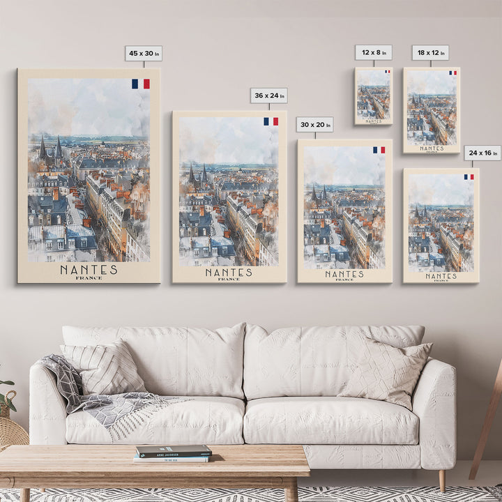 Nantes France Travel Poster Framed Canvas Print, Cityscape Watercolor Painting, Wall Art, Home Decor, Vacation Art, Urban Art, Unique Art