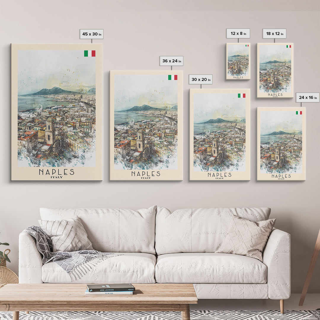 Naples Italy Framed Canvas Print, Scenic Travel Poster, Watercolor Painting, Coastal Wall Art, Home Decor, Vacation Art, Unique Art