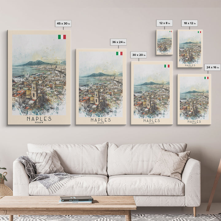 Naples Italy Framed Canvas Print, Scenic Travel Poster, Watercolor Painting, Coastal Wall Art, Home Decor, Vacation Art, Unique Art