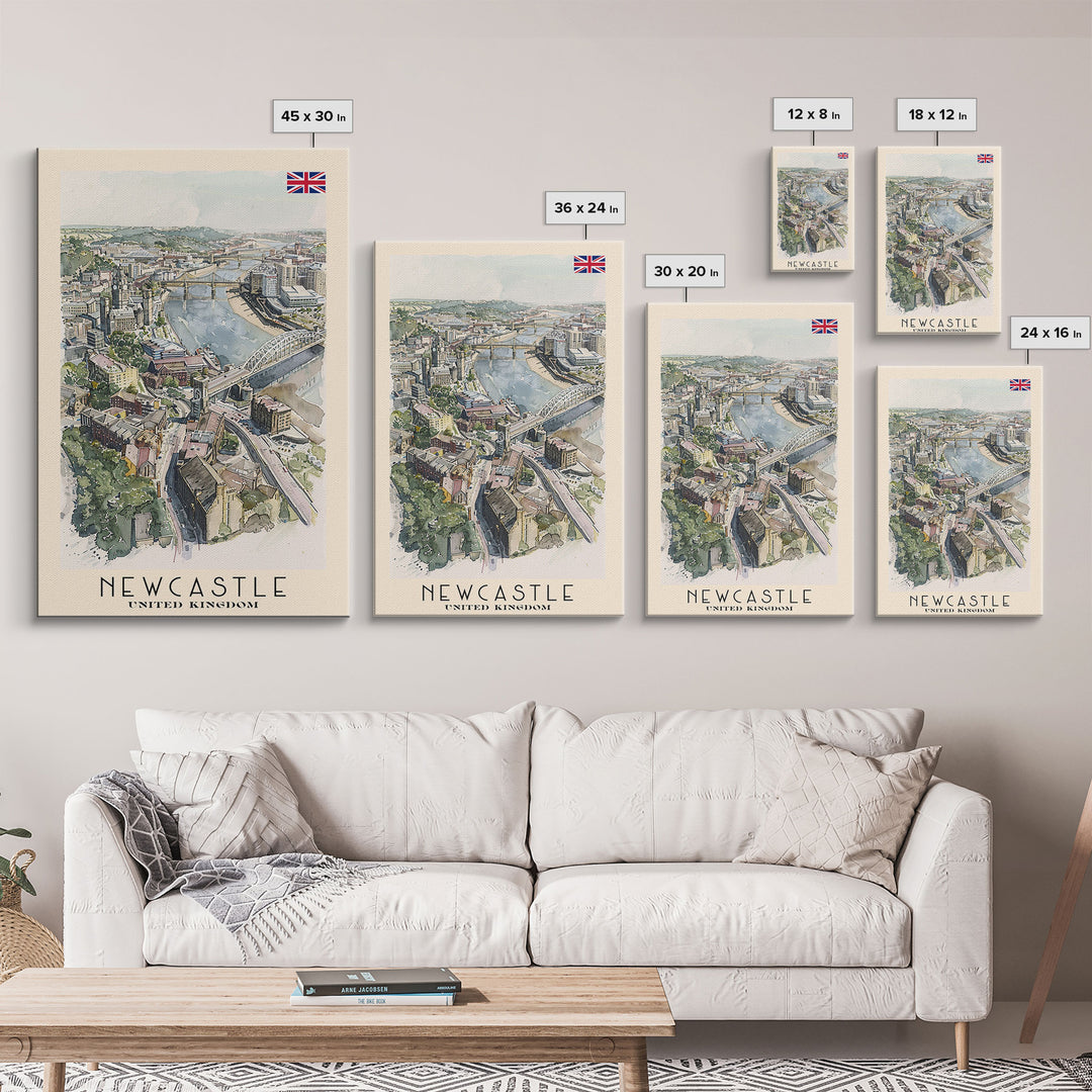 Newcastle United Kingdom Framed Canvas Print, Urban Travel Poster, Watercolor Painting, Cityscape Wall Art, Home Decor, Unique Art