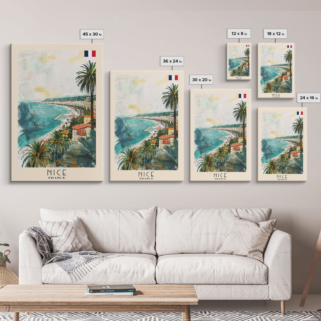 Nice France Travel Poster Framed Canvas Print, Coastal Watercolor Painting, Scenic Wall Art, Home Decor, Vacation Art, Unique Art