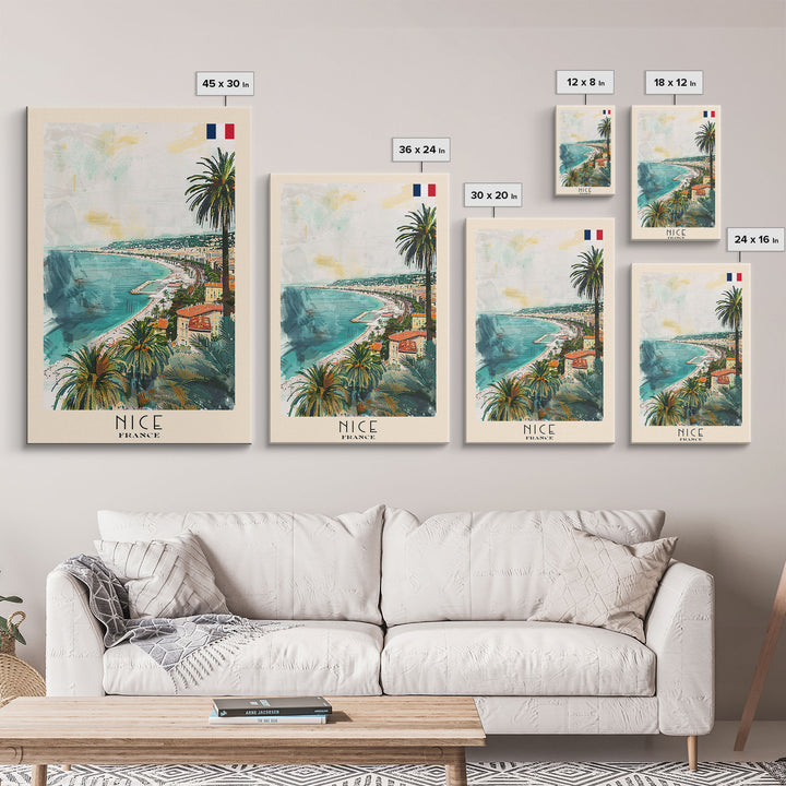Nice France Travel Poster Framed Canvas Print, Coastal Watercolor Painting, Scenic Wall Art, Home Decor, Vacation Art, Unique Art