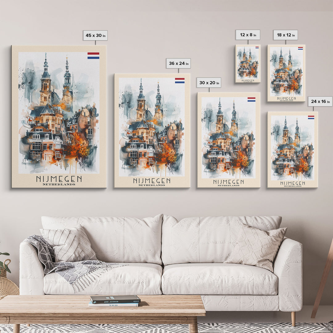Nijmegen Netherlands Framed Canvas Print, Urban Travel Poster, Watercolor Painting, Architectural Wall Art, Home Decor, Unique Art