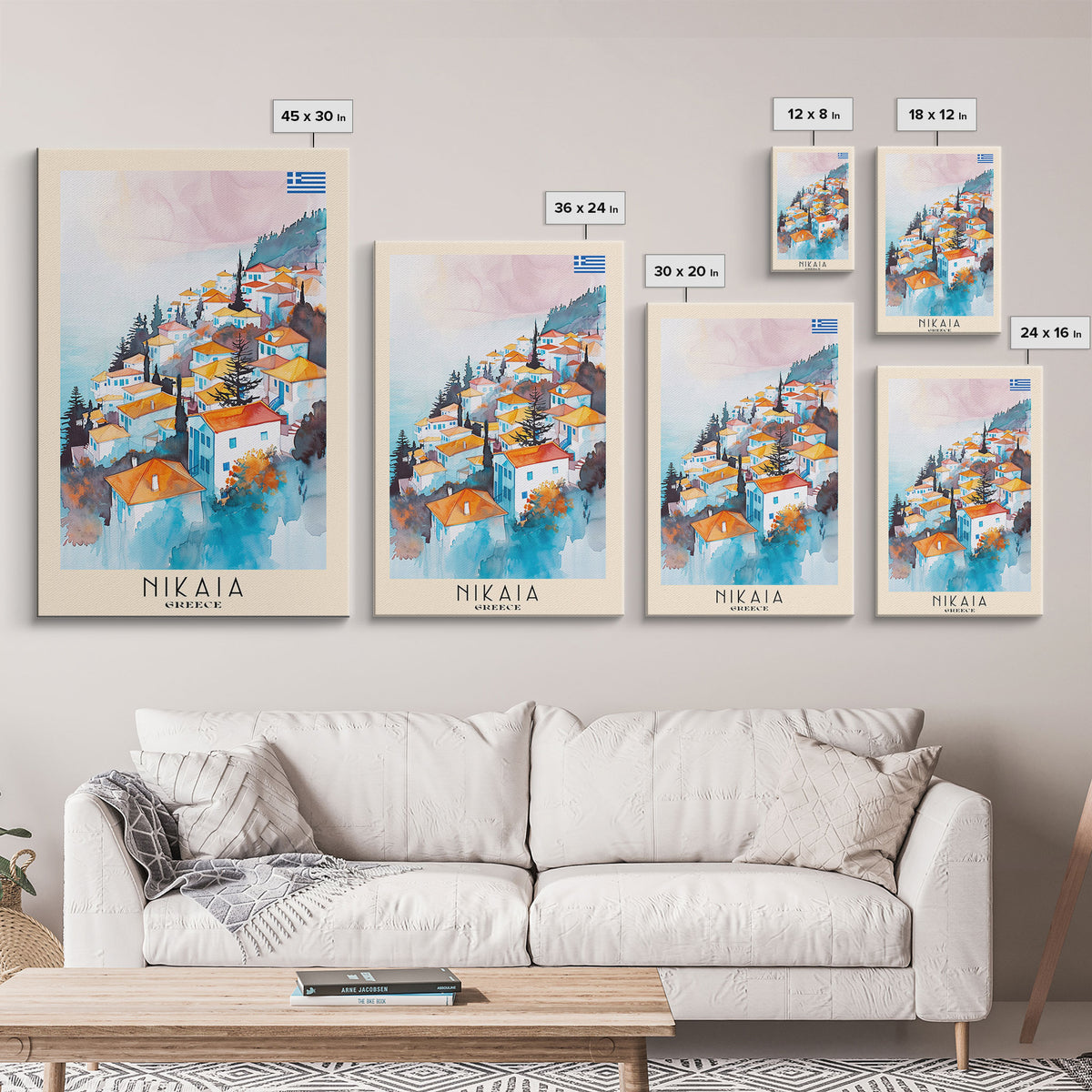 Nikaia Greece Framed Canvas Print, Boho Travel Poster, Watercolor Painting, Wall Art, Home Decor, Greek Scenery, Mediterranean Style