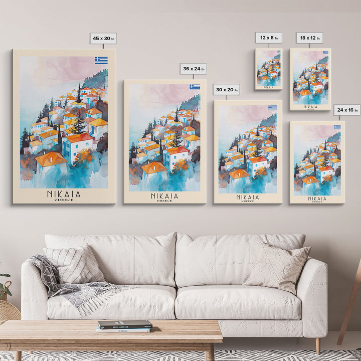 Nikaia Greece Framed Canvas Print, Boho Travel Poster, Watercolor Painting, Wall Art, Home Decor, Greek Scenery, Mediterranean Style