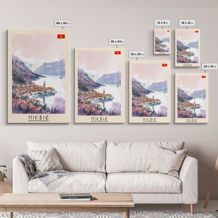 Niksic Montenegro Framed Canvas Print, Scenic Travel Poster, Watercolor Painting, Wall Art, Home Decor, Montenegro Landscape, Rustic Decor