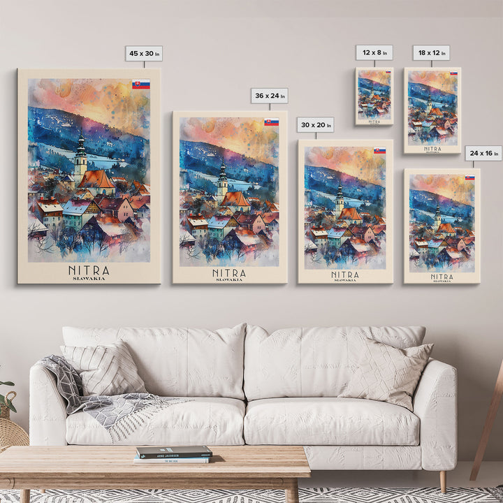 Nitra Slovakia Framed Canvas Print, Scenic Travel Poster, Watercolor Painting, Wall Art, Home Decor, Slovakian Landscape, Modern Art