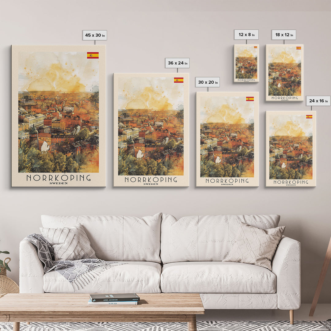 Norrkoping Sweden Framed Canvas Print, Scenic Travel Poster, Watercolor Painting, Wall Art, Home Decor, Swedish Landscape, Minimalist Art
