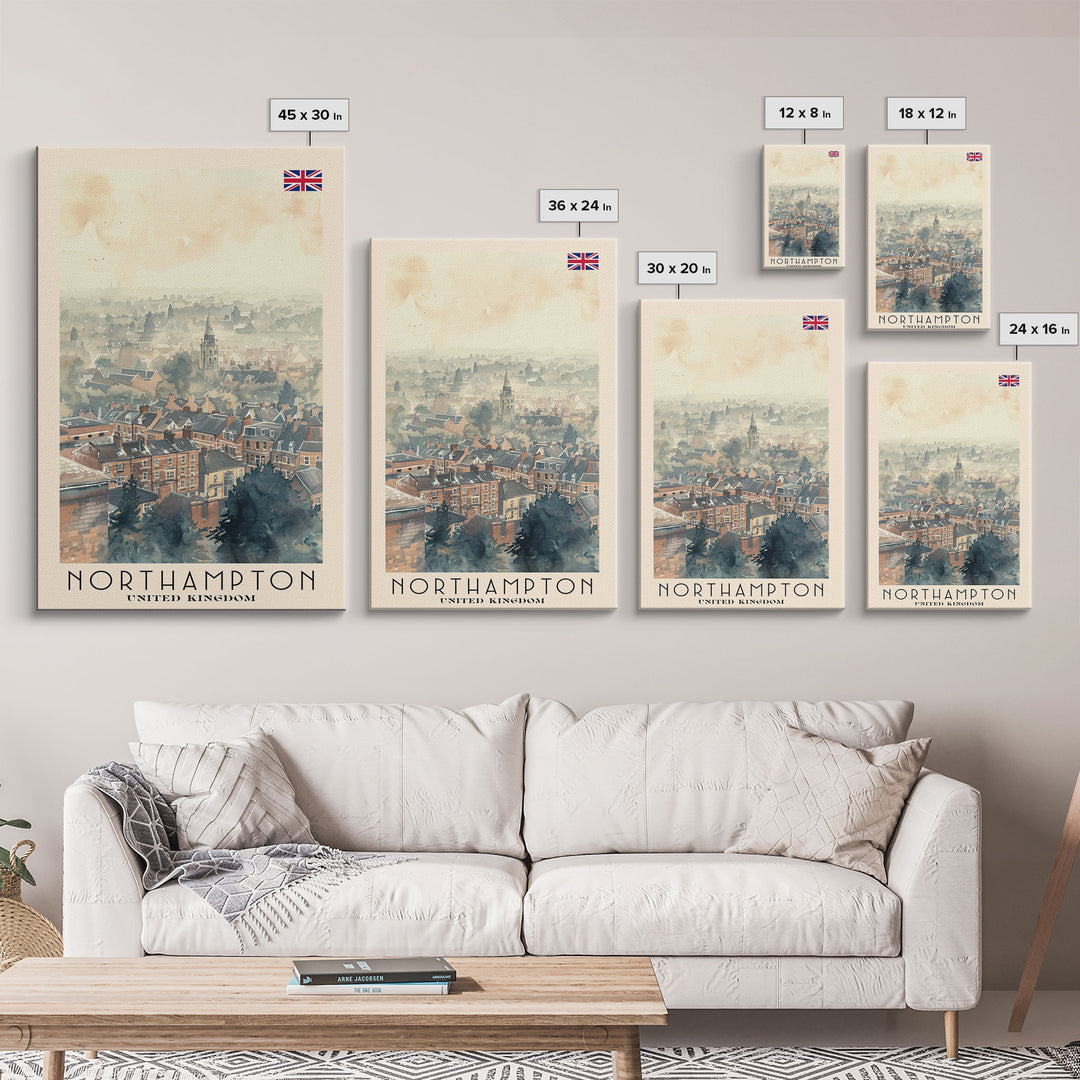 Northampton United Kingdom Travel Poster Framed Canvas Print, Watercolor Painting, Scenic Wall Art, Home Decor, British Landscape, Classic Art