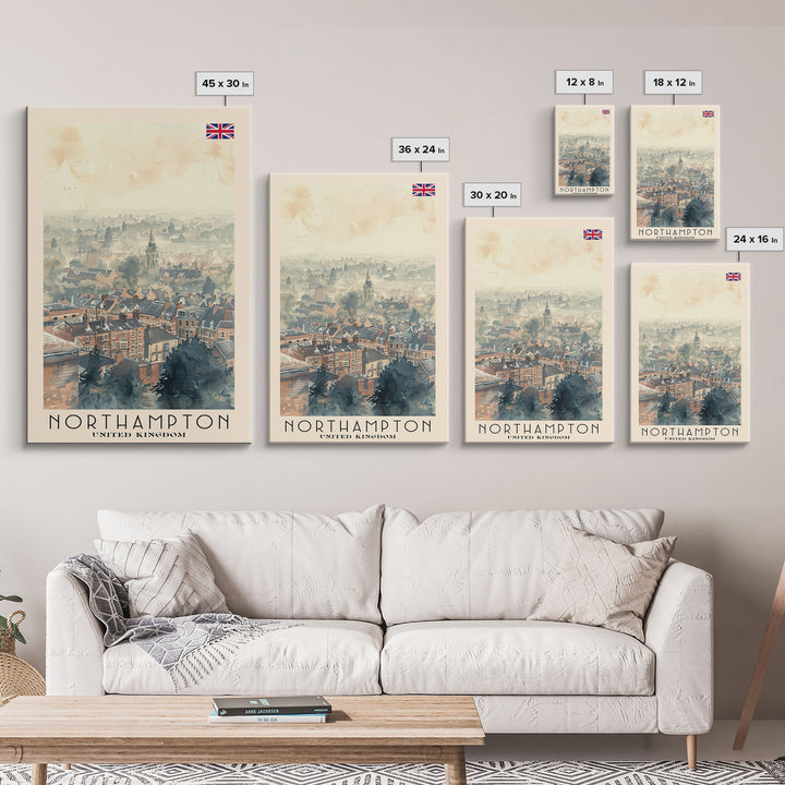 Northampton United Kingdom Travel Poster Framed Canvas Print, Watercolor Painting, Scenic Wall Art, Home Decor, British Landscape, Classic Art