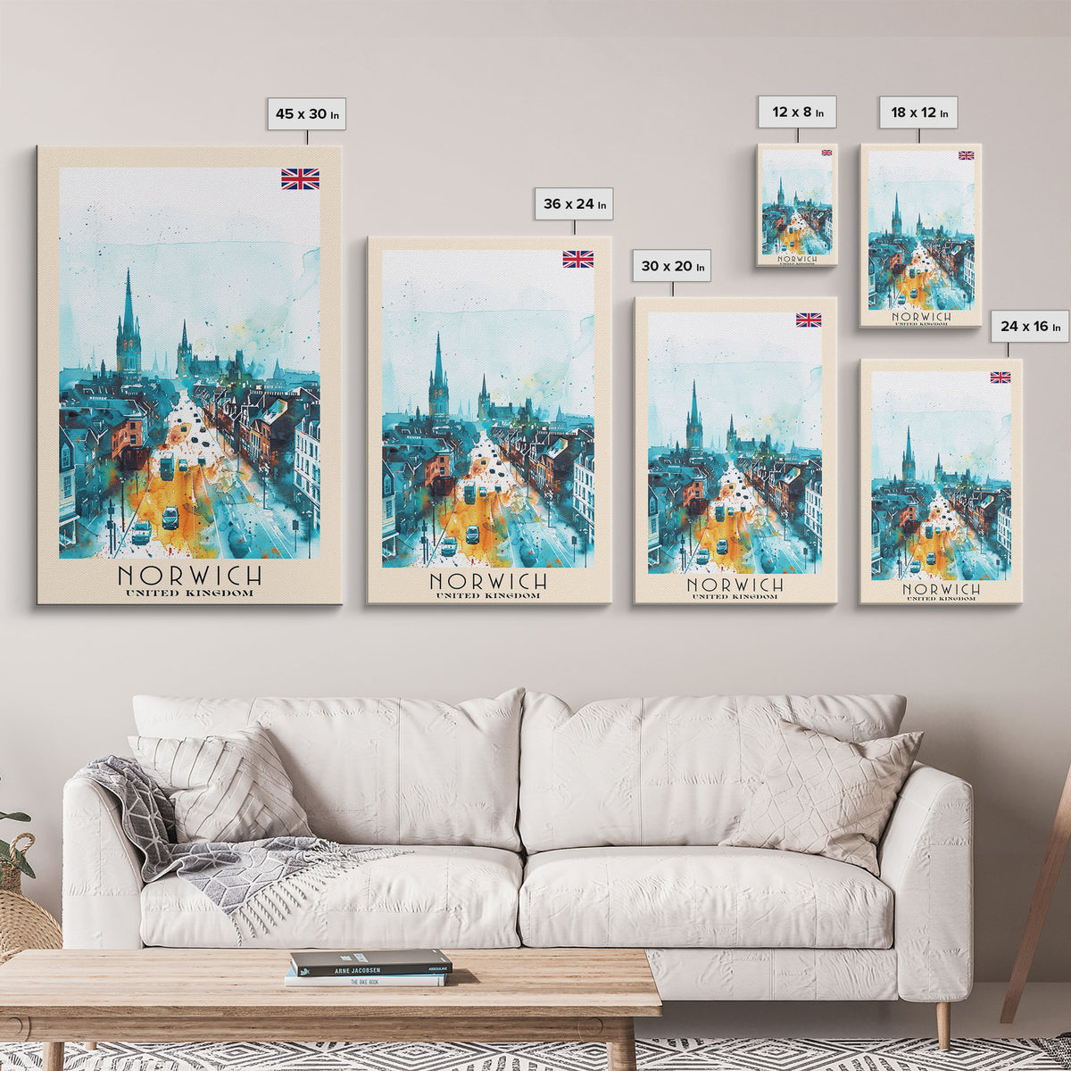 Norwich United Kingdom Travel Poster Framed Canvas Print, Watercolor Painting, Historic Wall Art, Home Decor, British Architecture, Artistic Decor