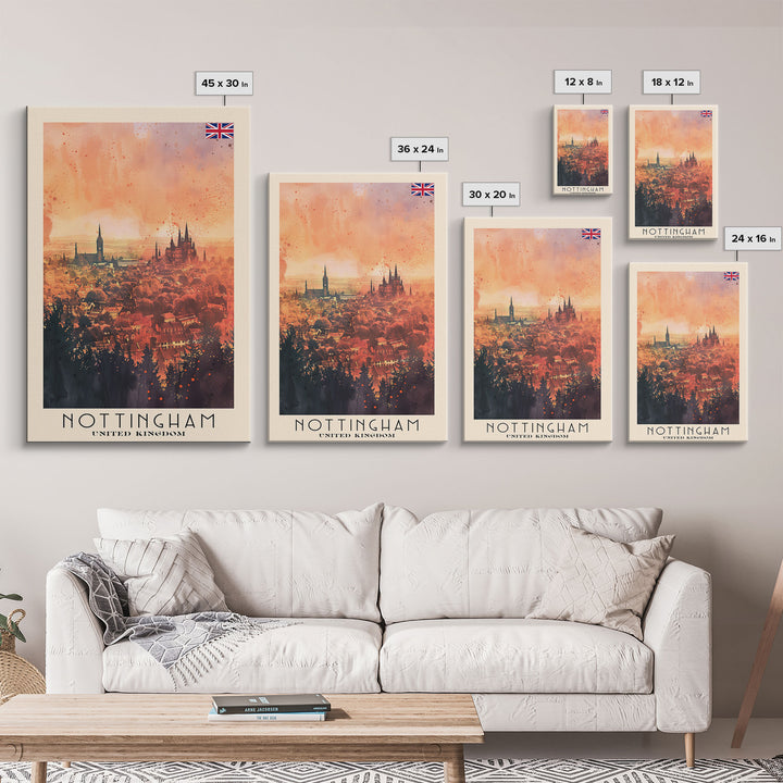 Nottingham United Kingdom Travel Poster Framed Canvas Print, Watercolor Painting, Scenic Wall Art, Home Decor, British Cityscape, Modern Art