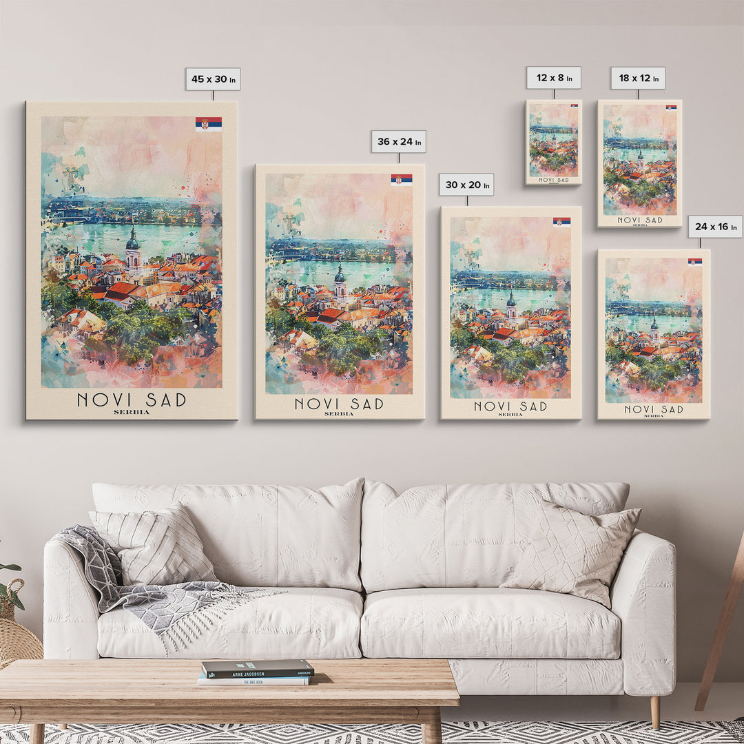 Novi Sad Serbia Travel Poster Framed Canvas Print, Watercolor Painting, Scenic Wall Art, Home Decor, Serbian Cityscape, Historic Art