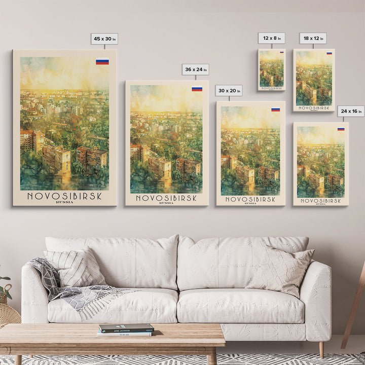 Novosibirsk Russia Travel Poster Framed Canvas Print, Watercolor Painting, Urban Wall Art, Home Decor, Russian Cityscape, Contemporary Art