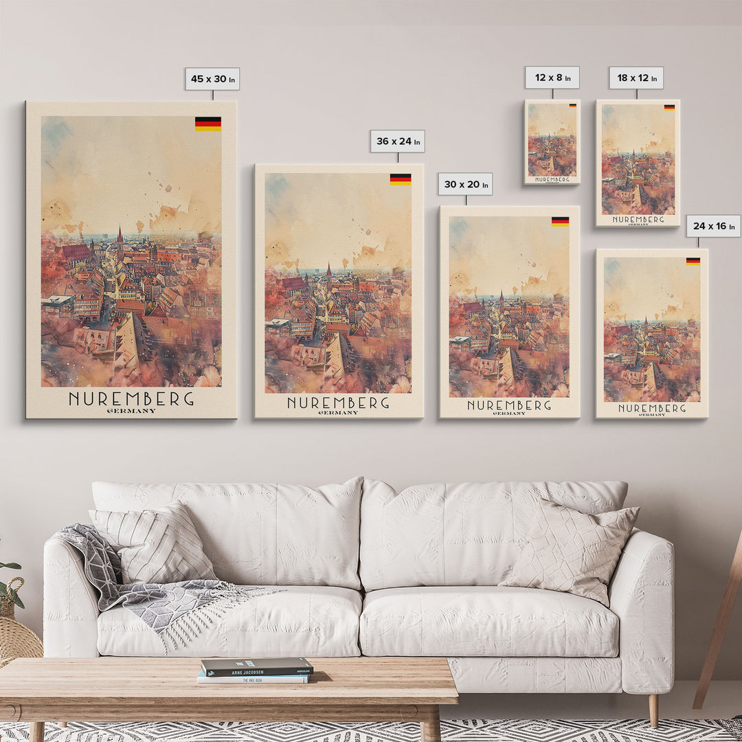 Nuremberg Germany Travel Poster Framed Canvas Print, Watercolor Painting, Historic Wall Art, Home Decor, German Architecture, Artistic Decor