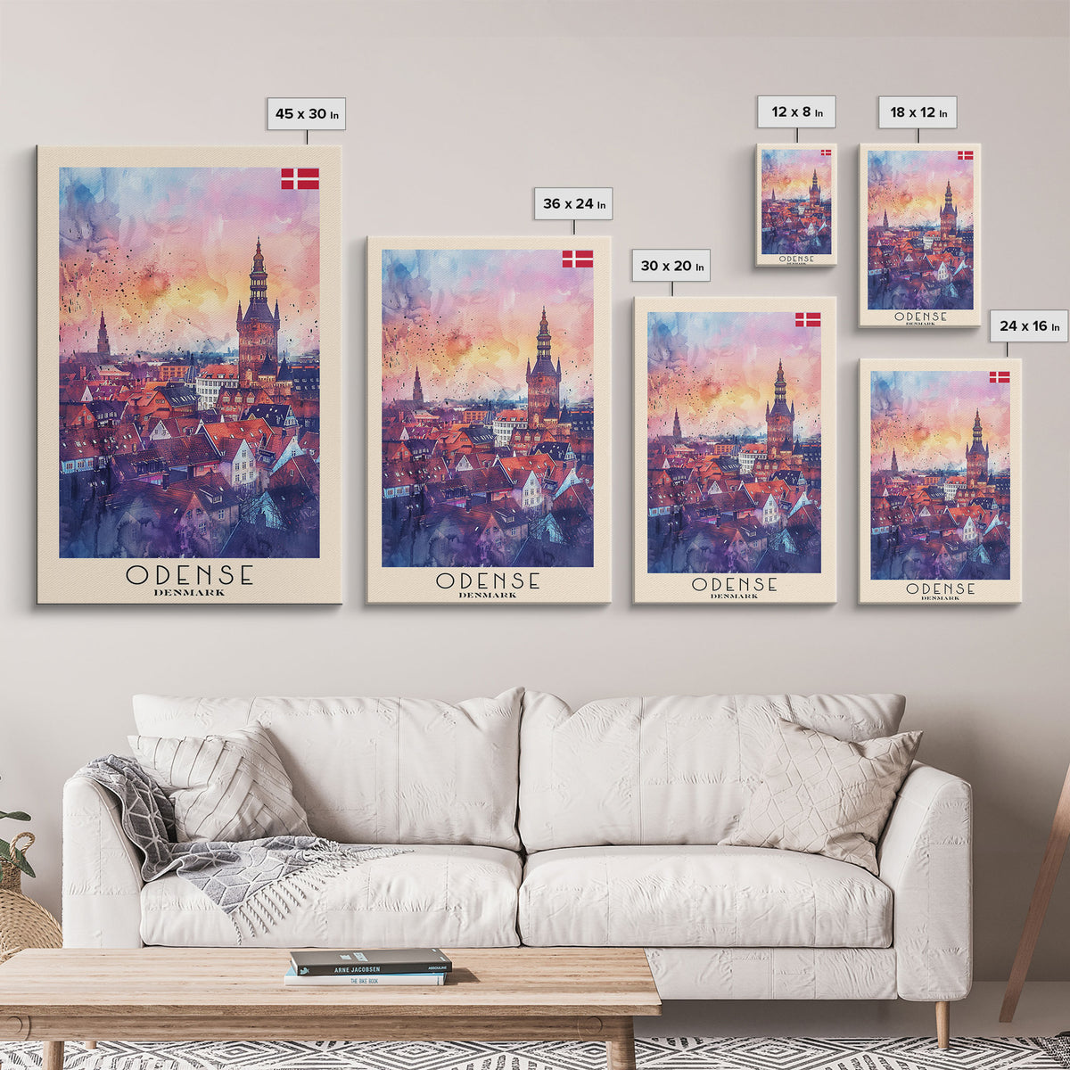 Odense Denmark Travel Poster Framed Canvas Print, Watercolor Painting, Scenic Wall Art, Home Decor, Danish Cityscape, Artistic Decor