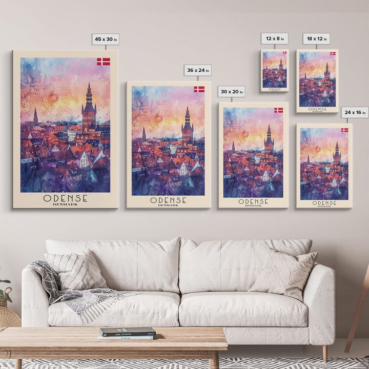 Odense Denmark Travel Poster Framed Canvas Print, Watercolor Painting, Scenic Wall Art, Home Decor, Danish Cityscape, Artistic Decor