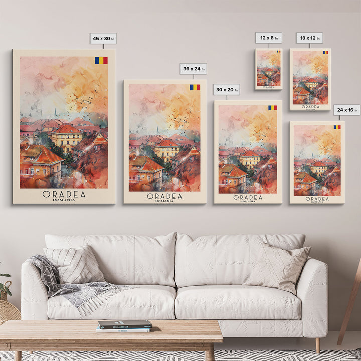Oradea Romania Travel Poster Framed Canvas Print, Watercolor Painting, Scenic Wall Art, Home Decor, Romanian Architecture, Artistic Decor