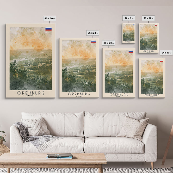 Orenburg Russia Travel Poster Framed Canvas Print, Watercolor Painting, Urban Wall Art, Home Decor, Russian Architecture, Contemporary Art